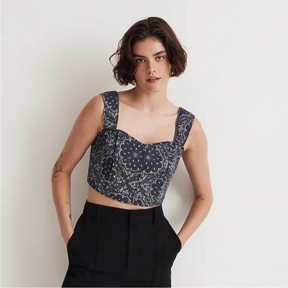 Madewell Quilted Sweetheart Crop Top In Night Blue Blue NWT Size 8 Style NM389